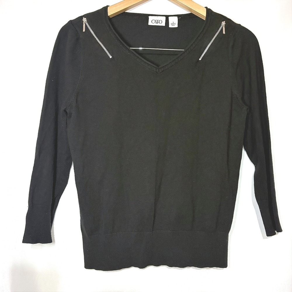 Cato Womens Black V-Neck Sweater S Zipper Shoulder Accent 3/4 Sleeve‎ Pullover